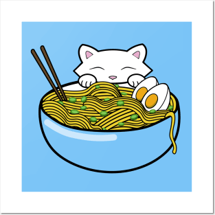 Cute cat eating ramen noodles Posters and Art